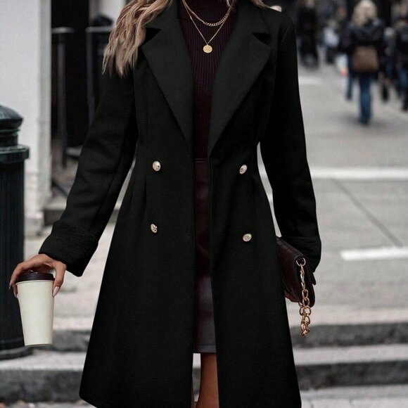 Black Casual Women's Lapel Neck Double Breasted Overcoat - Picture 3 of 6